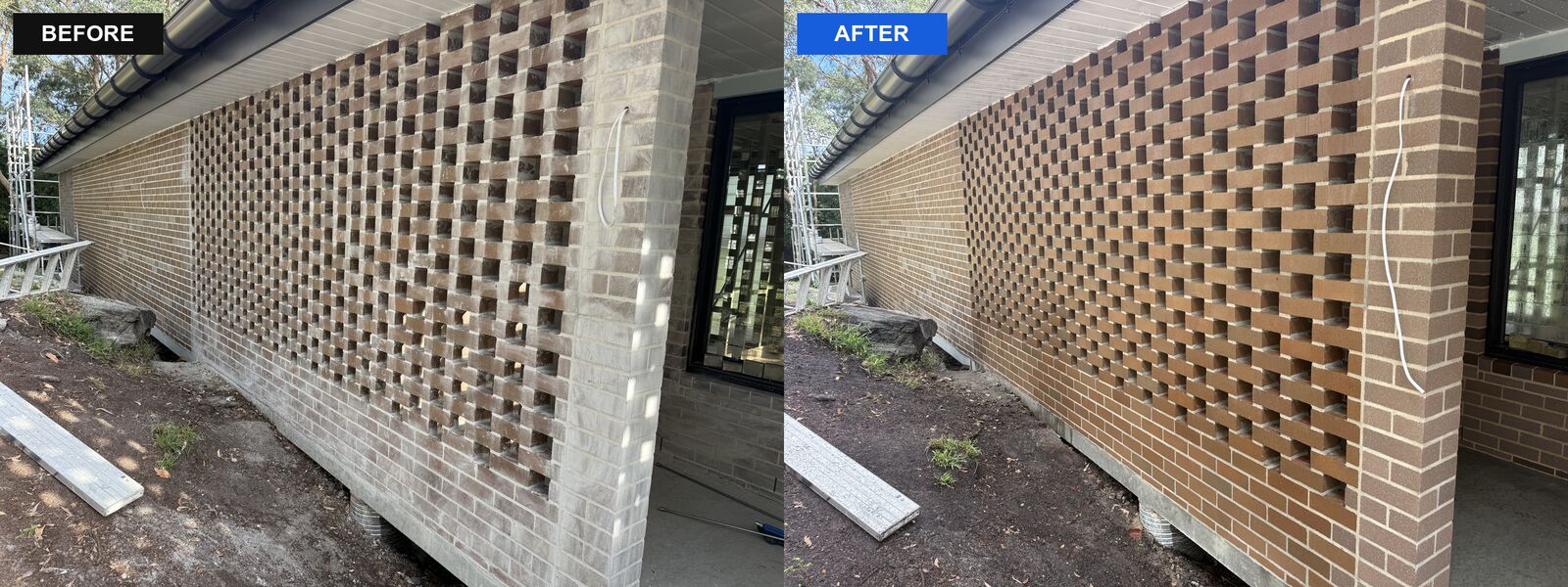 Mortar haze acid washed off a new-build breeze block wall, Bayview, before and after