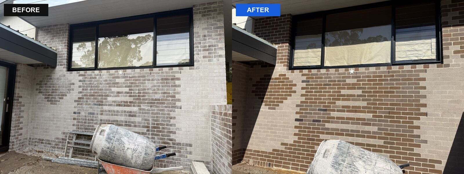 Mortar haze acid washed off a new-build patterned brick wall, Bayview, before and after