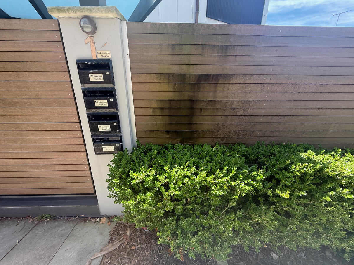 Strata timber entrance and fencing with mould — before soft wash